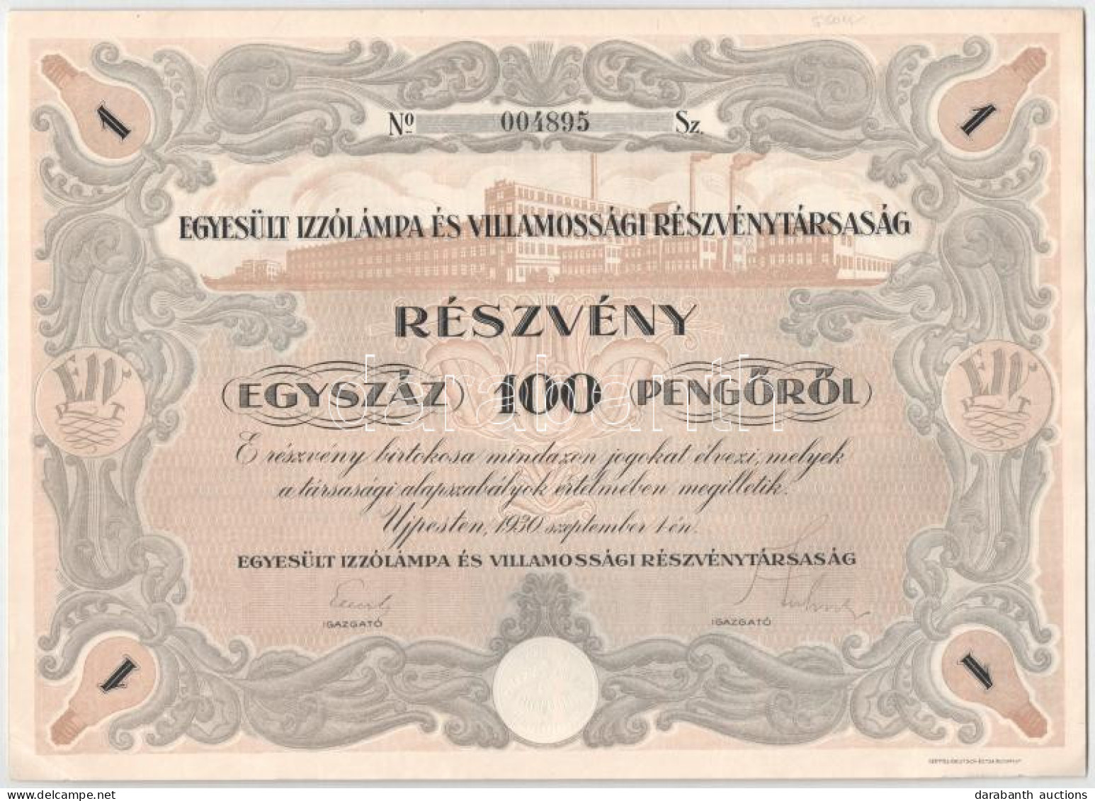 Újpest 1930. "Egyesült Izzólámpa és Villamossági Részvénytársaság" Részvénye 100P-ről, Szárazpecséttel T:AU - Unclassified