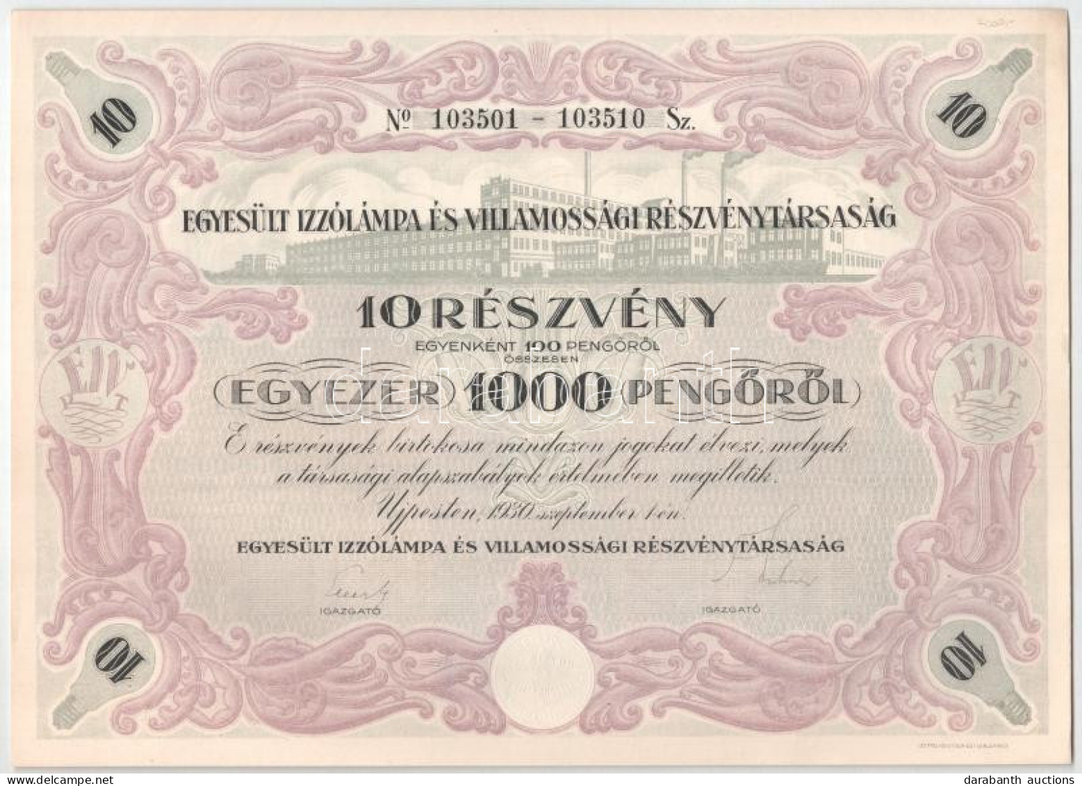 Újpest 1930. "Egyesült Izzólámpa és Villamossági Részvénytársaság" 10 Részvénye Egyben, összesen 1000P-ről, Szárazpecsét - Unclassified