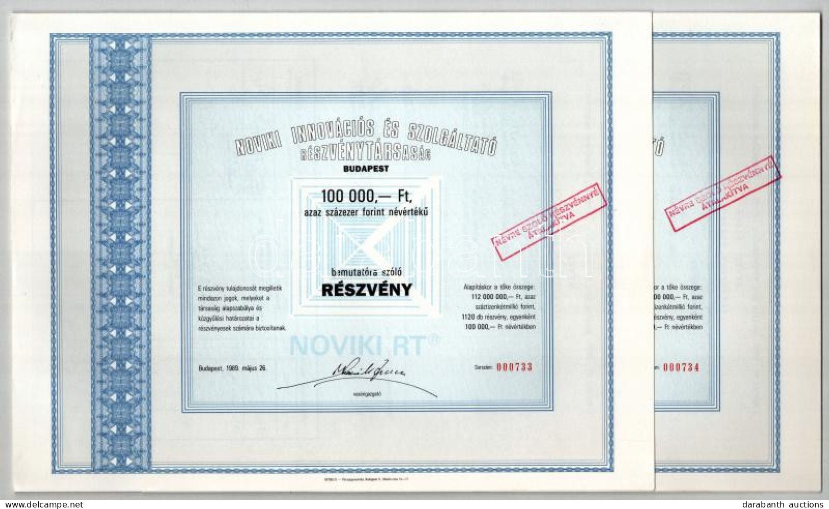 Budapest 1989. "Noviki Innovációs és Szolgáltató Részvénytársaság" Névre Szóló Részvénye 100.000Ft-ról (10x) Sorszámköve - Unclassified