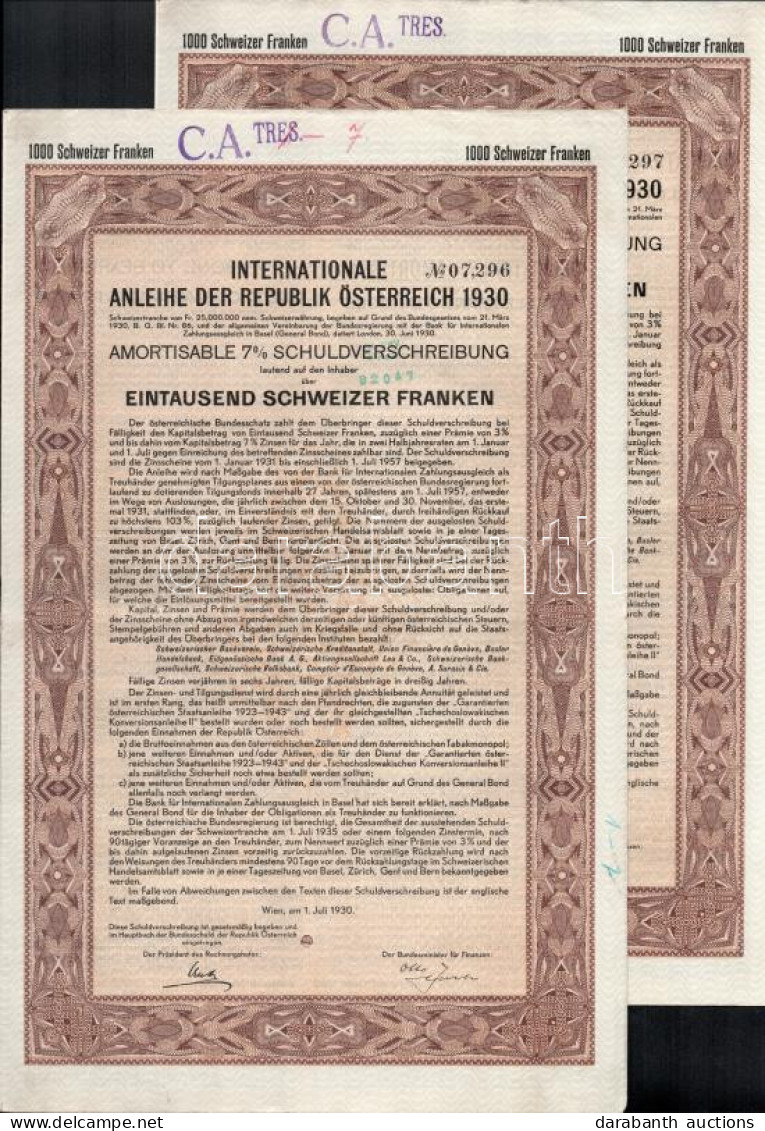 Ausztria 1930. "Az Osztrák Köztársaság Nemzetközi Kölcsöne" 7%-os Kötvénye 1000Fr-ról, Bélyegzésekkel, Szelvényekkel, Ly - Non Classés