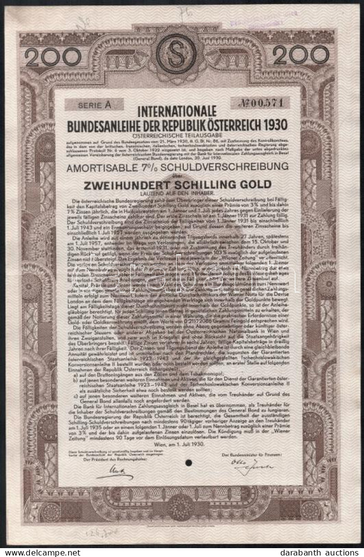 Ausztria 1930. "Az Osztrák Köztársaság Nemzetközi Szövetségi Kölcsöne" 7%-os Kötvénye 200Sch-ről Bélyegzésekkel, Szelvén - Unclassified