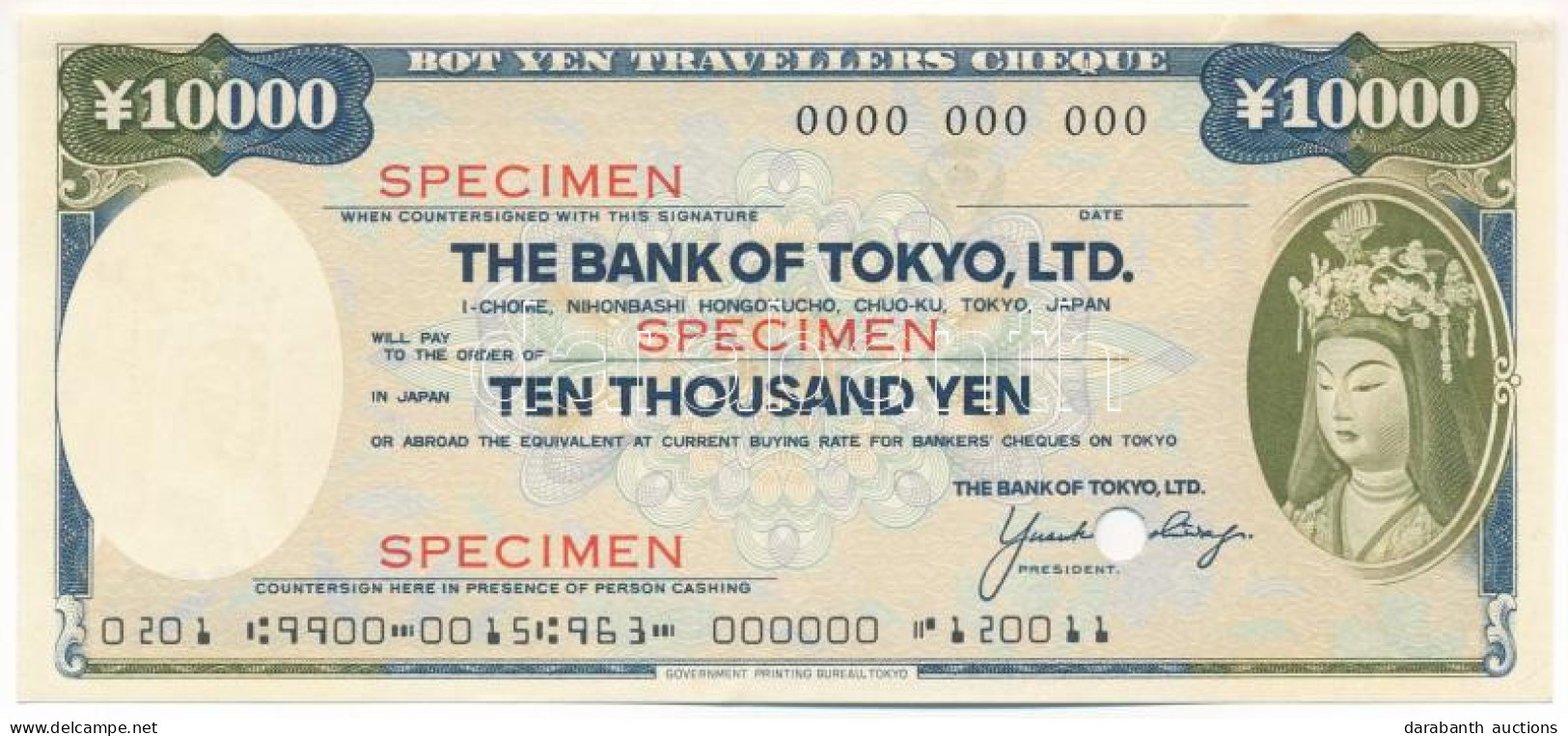 Amerikai Egyesült Államok DN "Tokió Bank" 10.000Y "SPECIMEN" Utazási Csekk Lyukasztással érvénytelenítve T:XF USA ND "Th - Non Classificati
