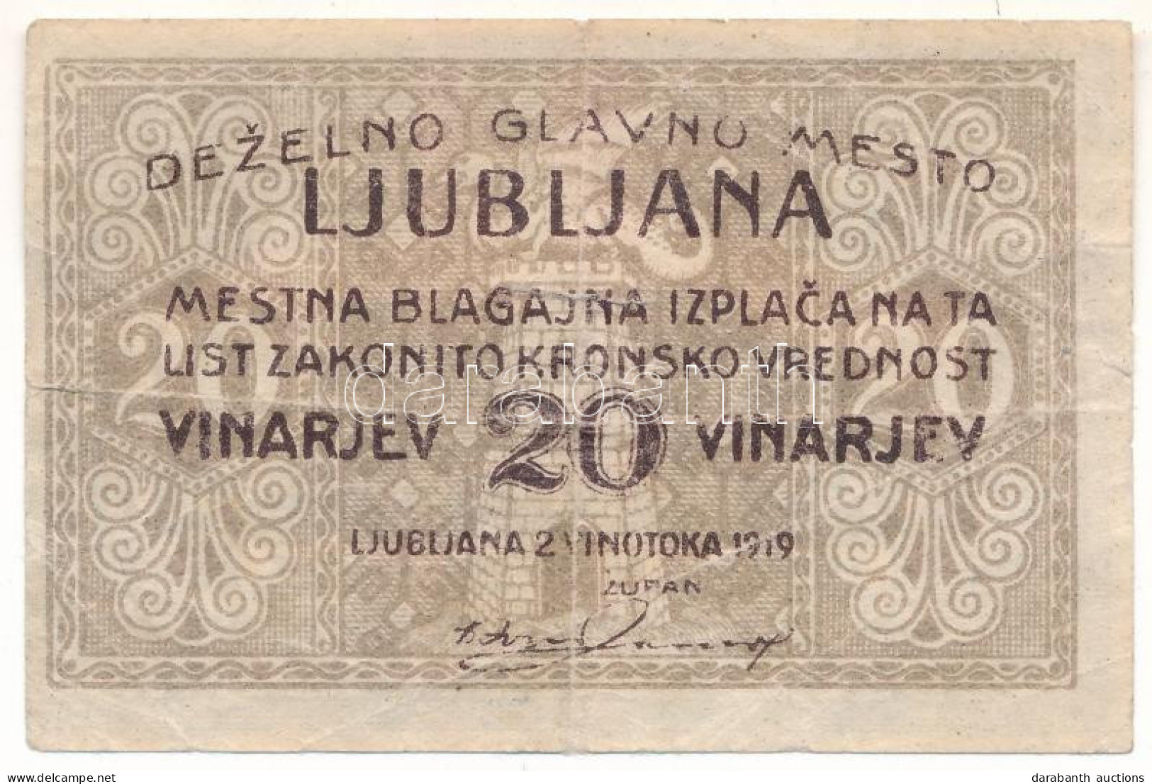 Jugoszlávia / Ljubljana 1919. 20v Szükségpénz T:F Yugoslavia / Ljubljana 1919. 20 Vinarjev Necessity Note C:F - Sin Clasificación