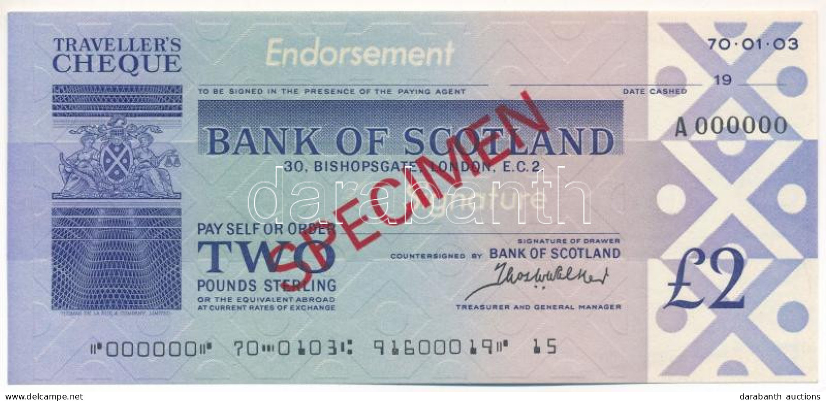 Skócia DN "Bank Of Scotland" Utazási Csekk 2P-ről, "SPECIMEN" Felülbélyegzéssel, "000"-ás Sorszámmal T:AU Scotland ND "B - Unclassified