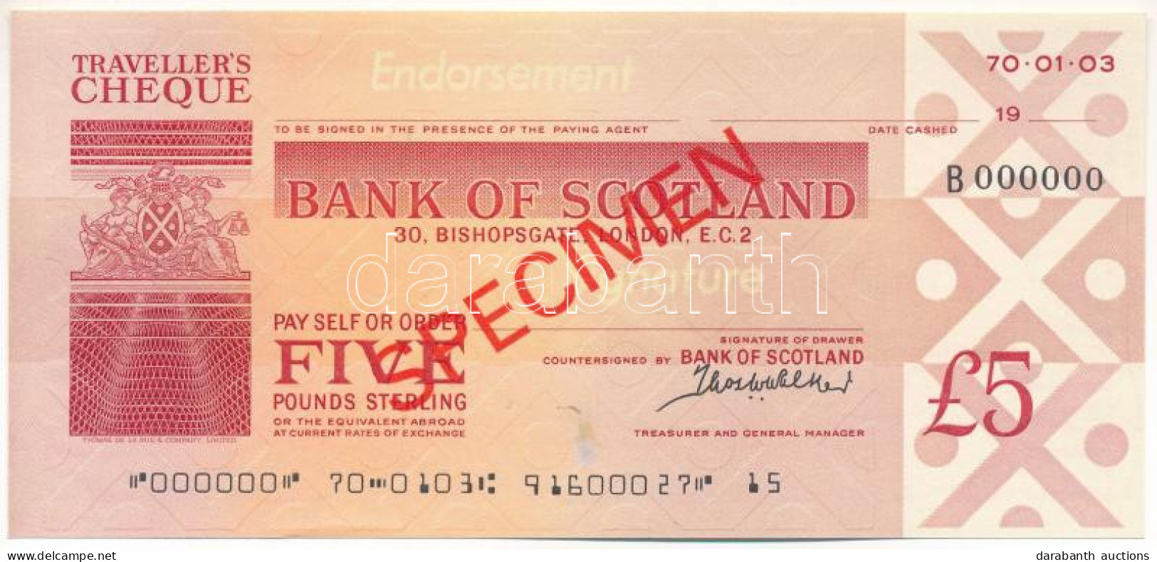 Skócia DN "Bank Of Scotland" Utazási Csekk 5P-ről, "SPECIMEN" Felülbélyegzéssel, "000"-ás Sorszámmal T:AU Scotland ND "B - Sin Clasificación