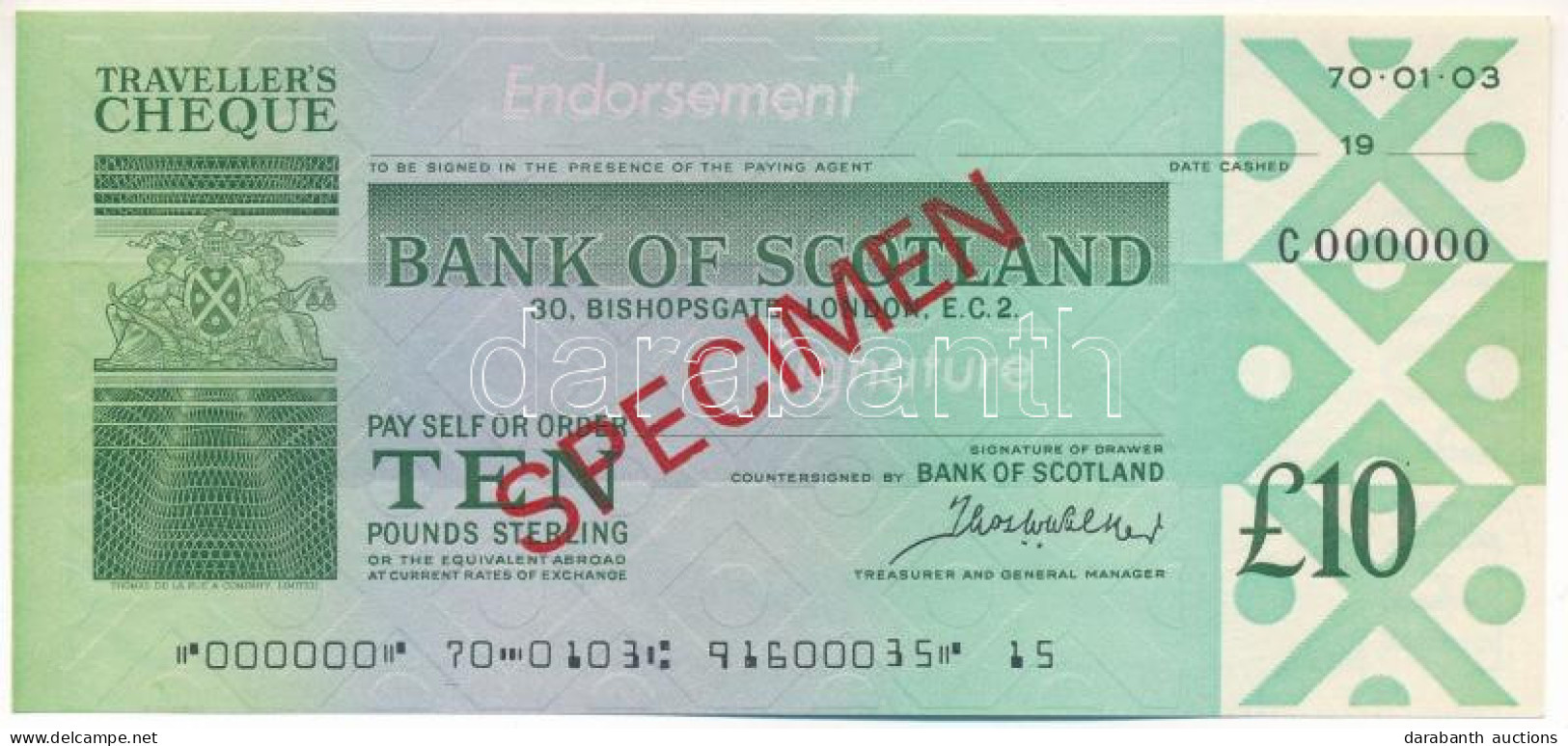 Skócia DN "Bank Of Scotland" Utazási Csekk 10P-ről, "SPECIMEN" Felülbélyegzéssel, "000"-ás Sorszámmal T:AU Scotland ND " - Sin Clasificación