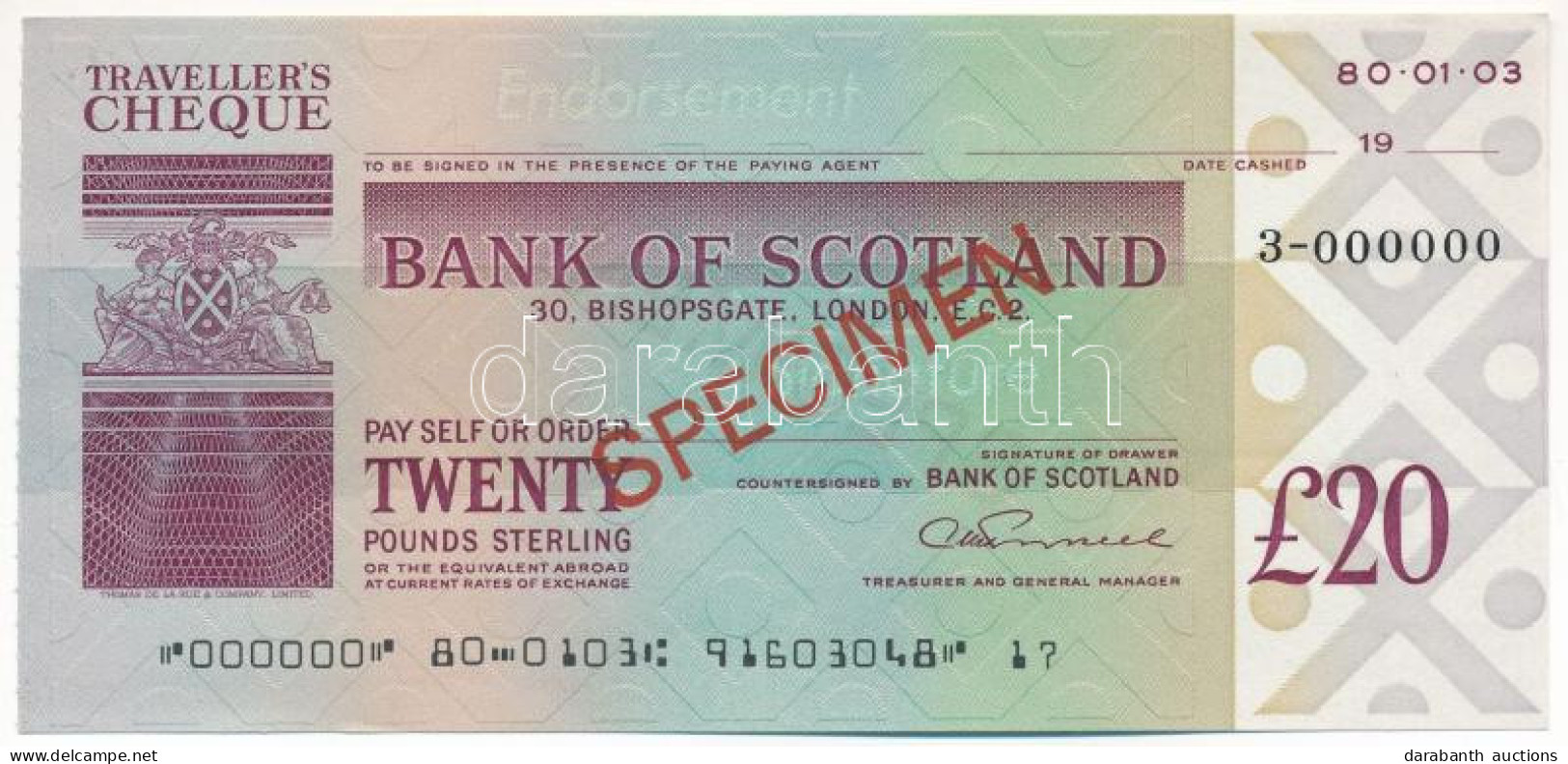 Skócia DN "Bank Of Scotland" Utazási Csekk 20P-ről, "SPECIMEN" Felülbélyegzéssel, "000"-ás Sorszámmal T:AU Scotland ND " - Ohne Zuordnung