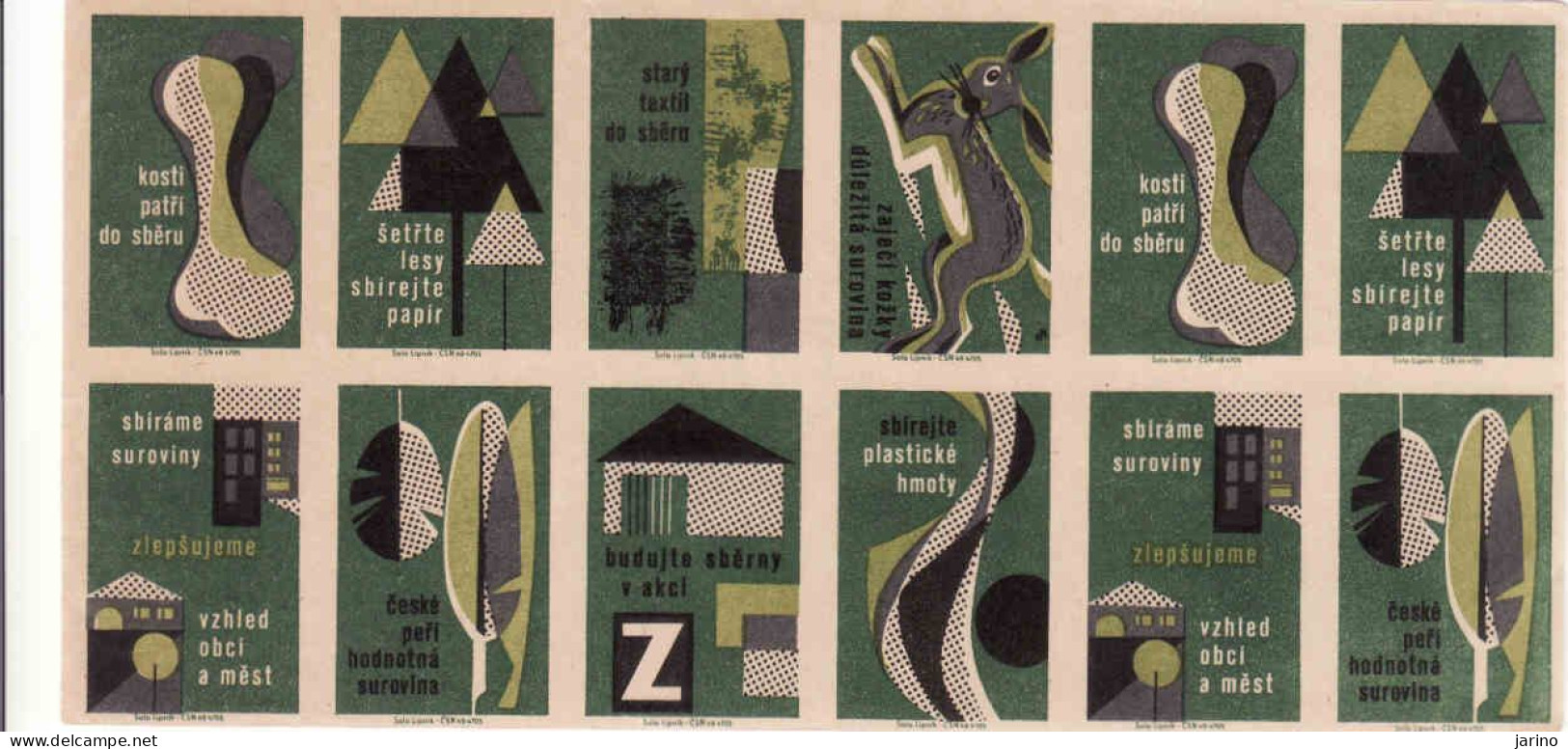 Czechoslovakia - Czechia 12 Matchbox Labels, Collecting Raw Materials - Feathers, Iron, Plastics, Paper, Skins,.. - Boites D'allumettes - Etiquettes