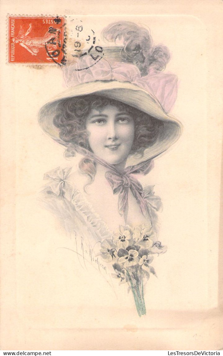 Illustrateur - Wichera - Femme Avec Un Chapeau à Noeud Rose - Colorisé - M M  Vienne - Carte Postale Ancienne - Wichera