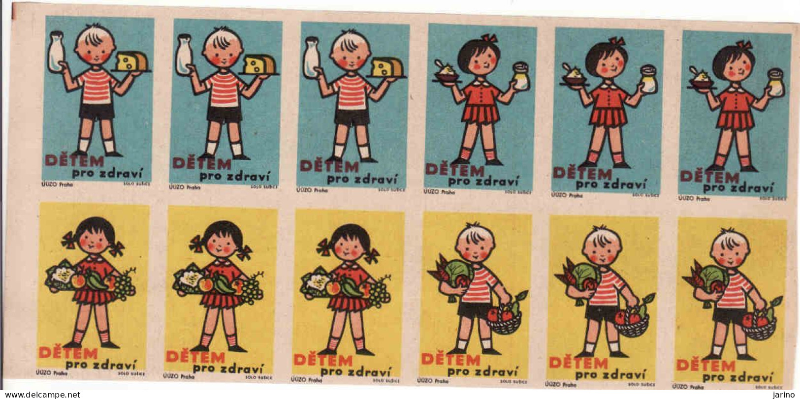 Czechoslovakia - Czechia 12 Matchbox Labels, Children For Health - Dairy Products, Fruits And Vegetables - Boites D'allumettes - Etiquettes