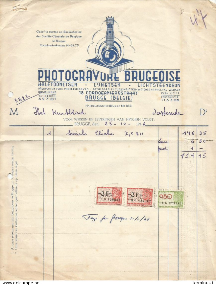 BRUGGE. Photogravure Brugeoise, Cordoeaniersstraat, Brugge. Factuur 1947. - Petits Métiers