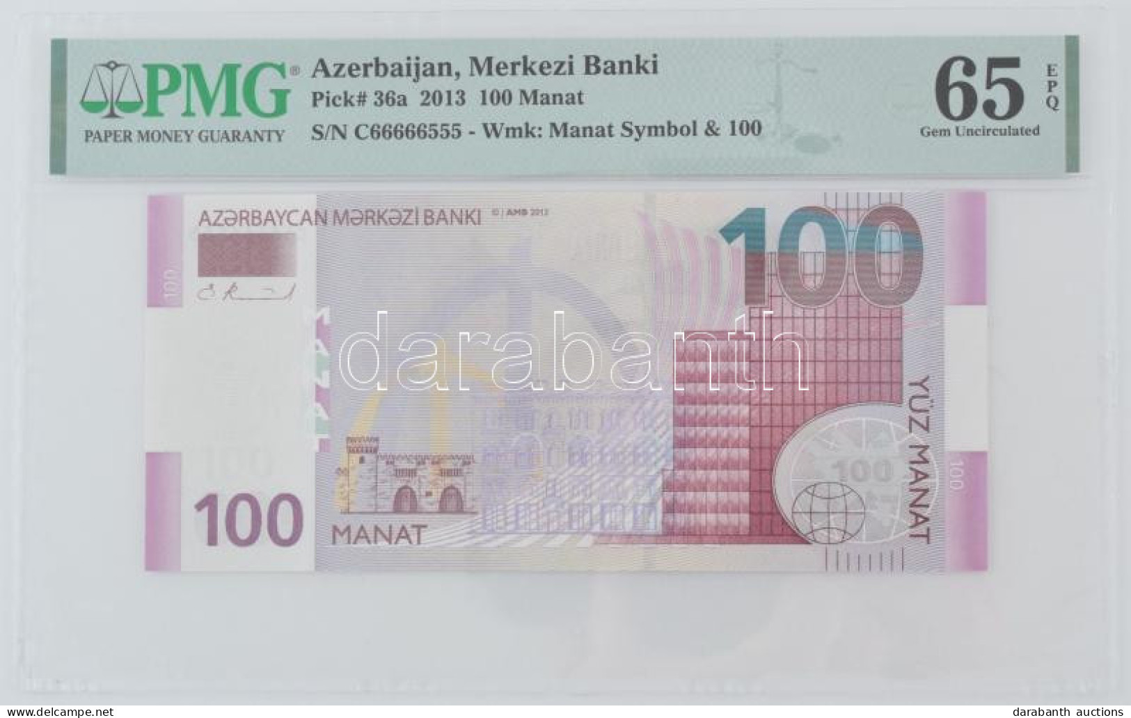 Azerbajdzsán 2013. 100M "C66666555", PMG Tokban T:UNC Azerbaijan 2013. 100 Manat "C66666555" In PMG Case C:UNC Krause 36 - Unclassified