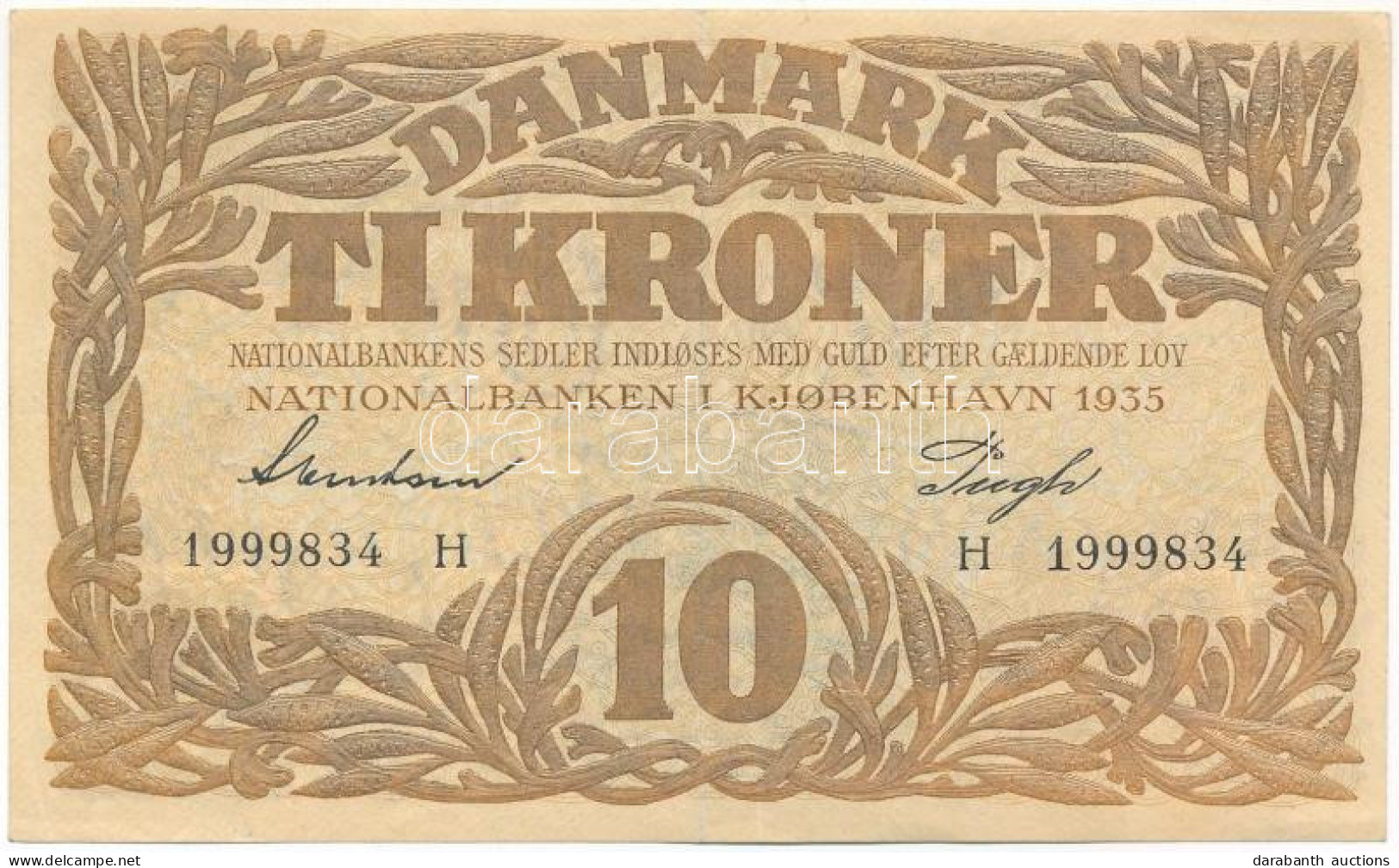 Dánia 1943. 10K "H" Sorozatjel "Svendsen - Pugh" T:F Szép Papír Denmark 1943. 10 Kroner "H" Prefix, "Svendsen - Pugh" C: - Sin Clasificación