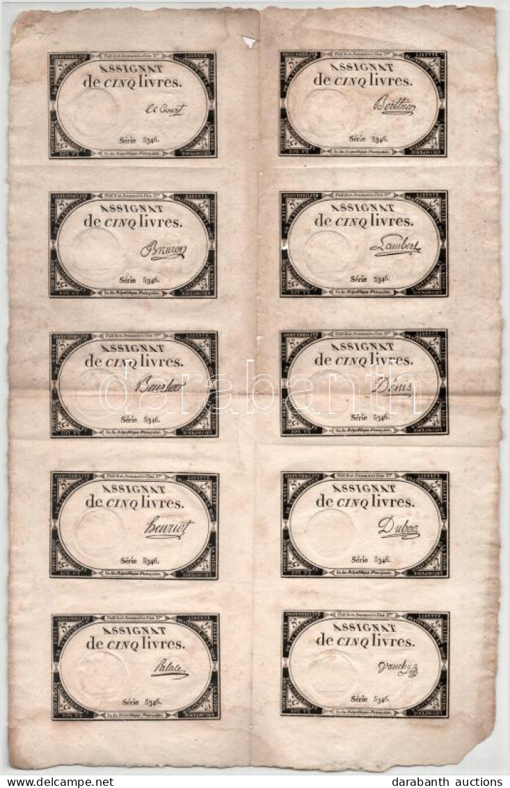 Franciaország 1793. 5L "Assignata" 5346-os Sorozatszámmal, Vízjeles Papíron, Szárazpecséttel, 10-es ívben, Mindegyik Más - Unclassified