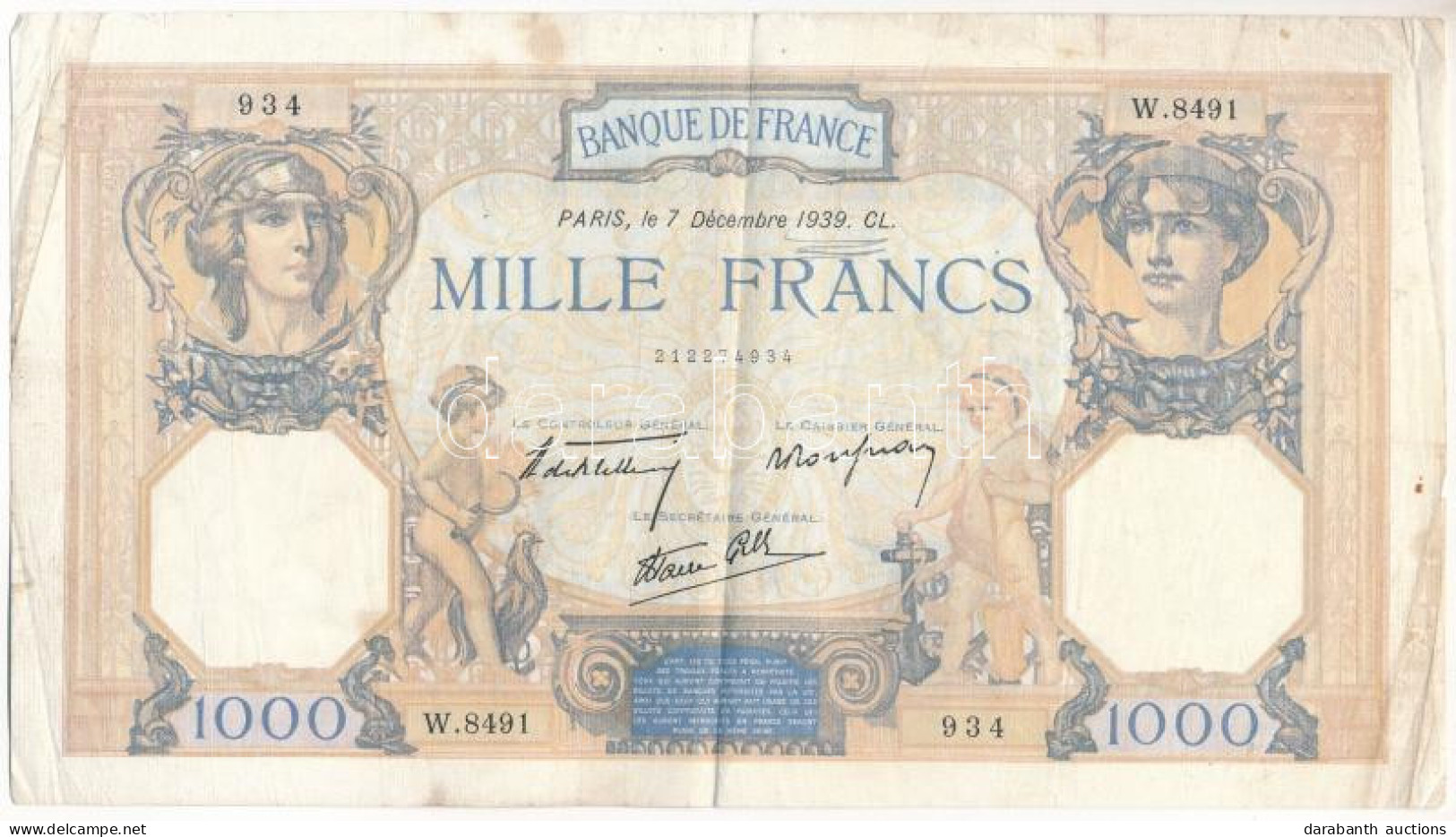 Franciaország 1939. December 7. 1000Fr T:F,VG Folt, Tűlyuk, Kis Szakadás France 1939. 7th Of Decembre 1000 Francs C:F,VG - Non Classificati