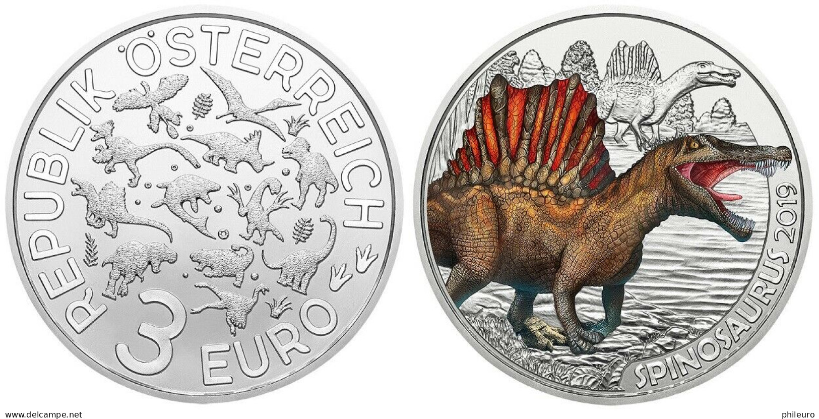 Autriche 2019 : 3€ 'Dinosaure' (''Spinosaurus'') Colorisée - Disponible En France - Oostenrijk