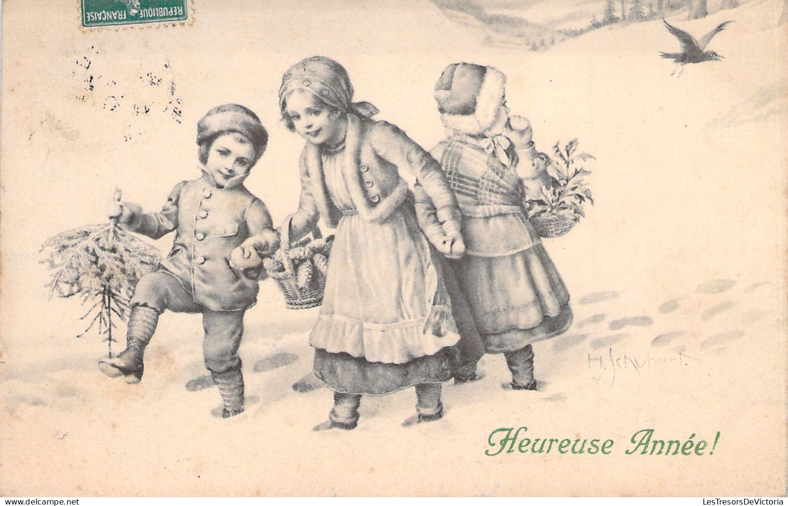 Illustrateur - Schubert - Enfants Dans La Neige - Heureuse Année - M M  Vienne - Carte Postale Ancienne - Schubert