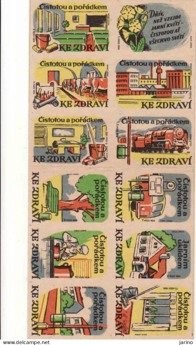 Czechoslovakia - Czechia 12 Matchbox Labels, Health Is Guaranteed By Order And Cleanliness, Train, Cow, Bus,.. - Boites D'allumettes - Etiquettes