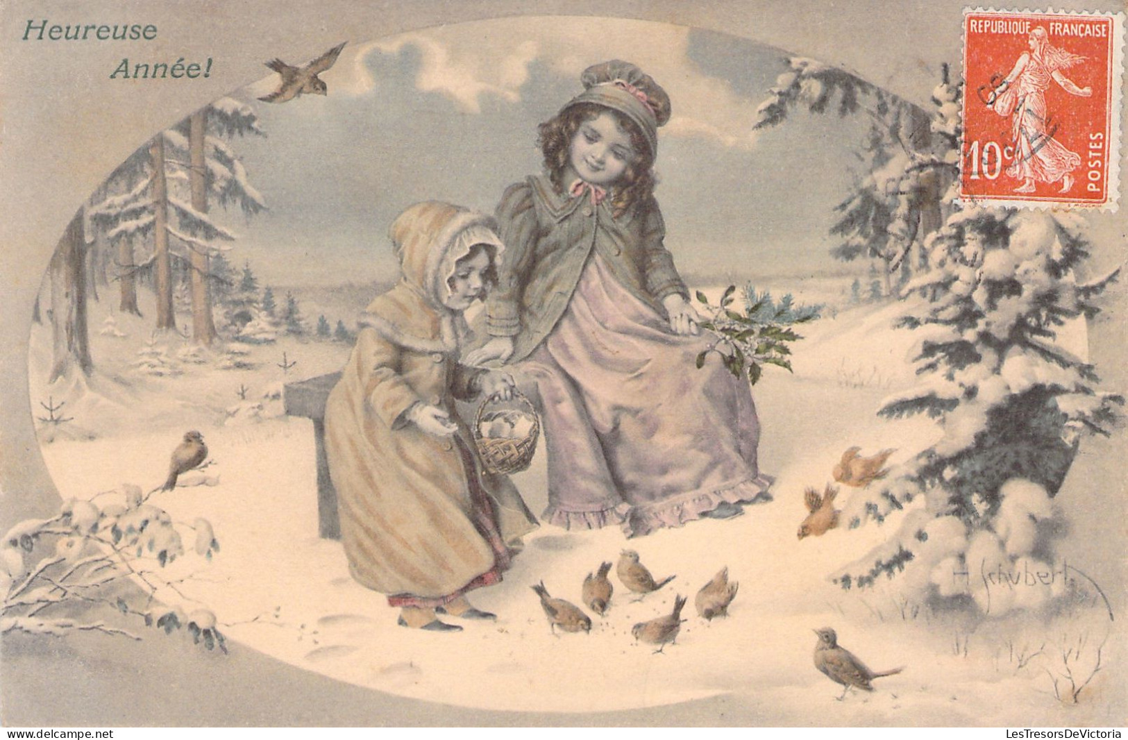 Illustrateur - Schubert - Enfants Donnant à Manger Aux Oiseaux - Heureuse Année - M M  Vienne - Carte Postale Ancienne - Schubert