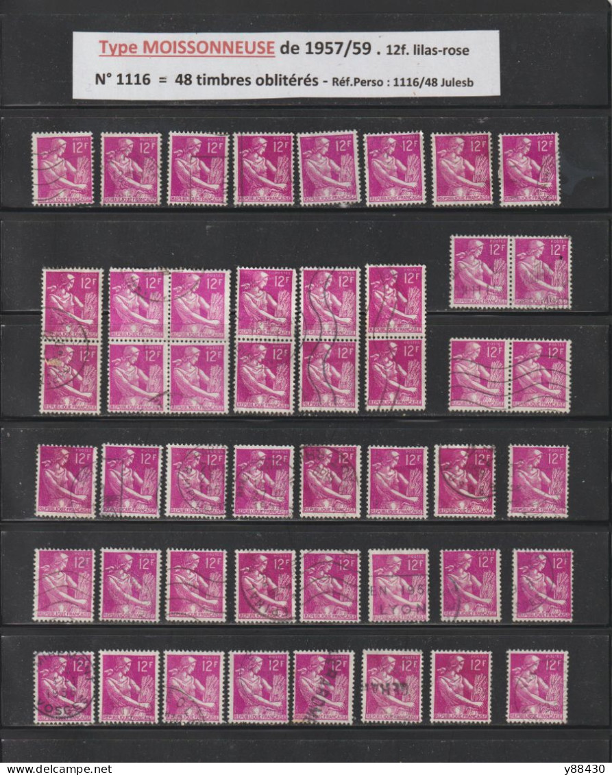 1116 De 1957/1959  - 48 Timbres Oblitérations Diverses - Type MOISSONNEUSE - 12f. Lilas-rose - 2 Scan - 1957-1959 Mietitrice