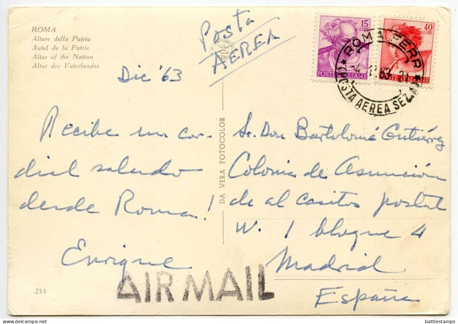 Italy 1963 Postcard Roma / Rome - Altare Della Patria; Airmail Postmark - Altare Della Patria