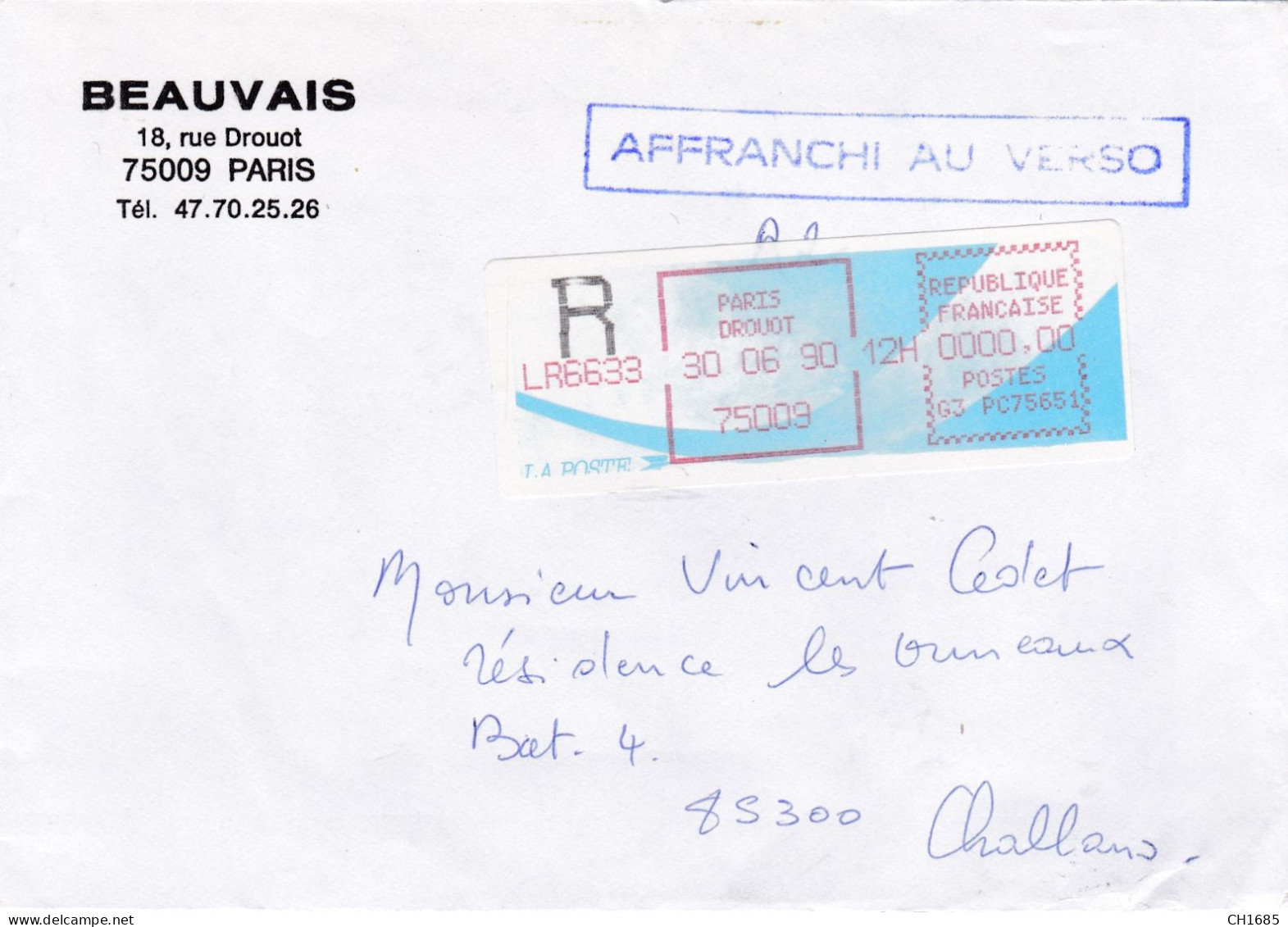 Vignette Type Comète Recommandée Valeur 0000,00 Fr Sur Lettre Avec Affranchissement Au Verso - 1988 Type « Comète »