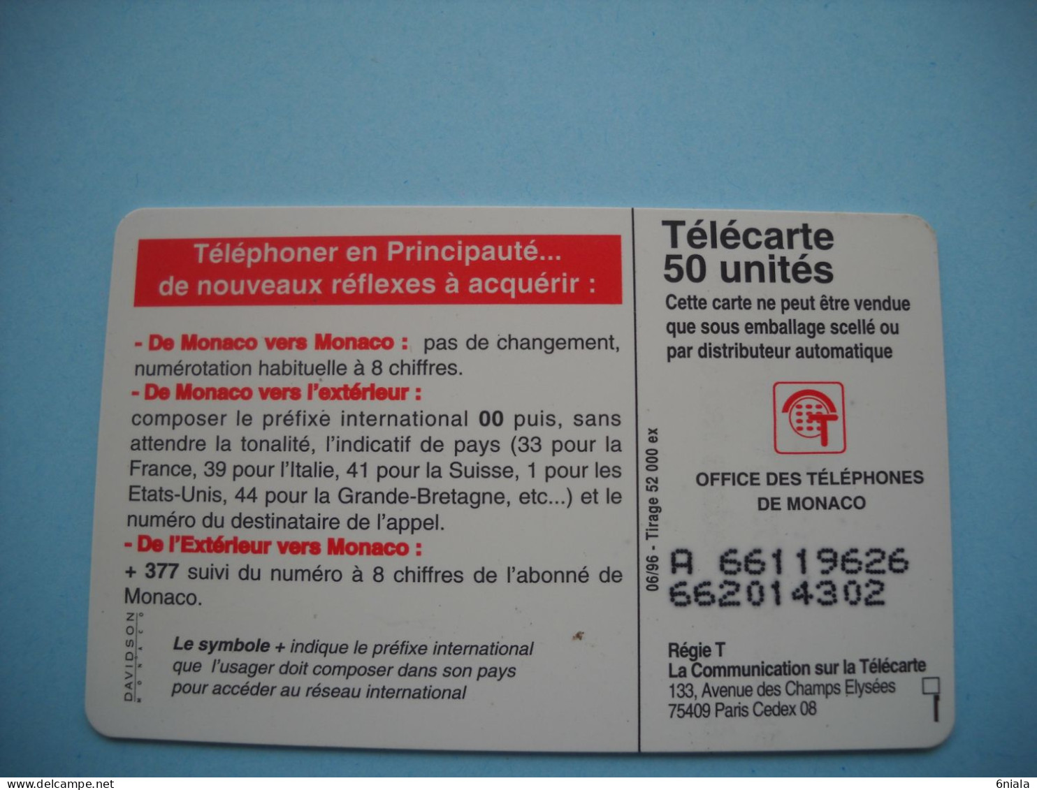 7657 MONACO Le 21 Juin 1996 377 Téléphoner En Principauté   Télécarte Collection  ( 2 Scans)  Carte Téléphonique - Monaco
