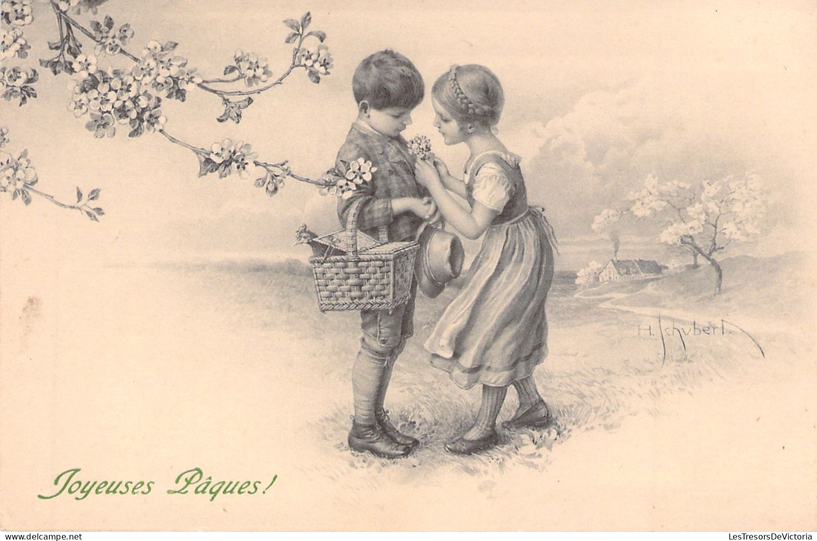 Illustrateur - Schubert - Enfants Avec Panier - Joyeuses Paques - M M Vienne - Carte Postale Ancienne - Schubert