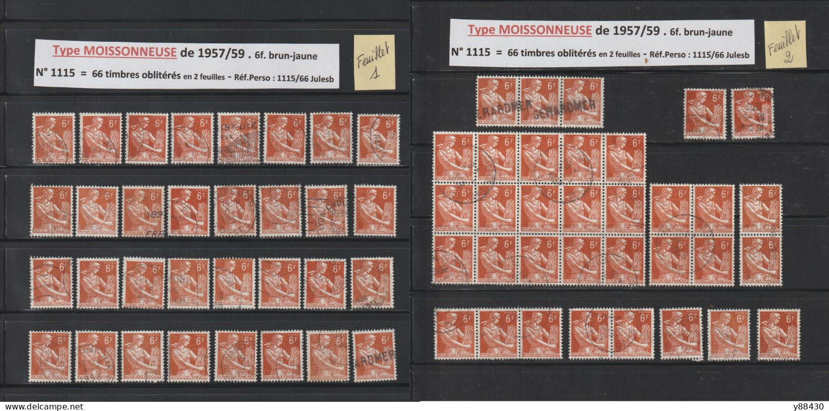 1115 De 1957/1959  - 66 Timbres Oblitérations Diverses - Type MOISSONNEUSE - 6f. Brun-jaune - 6 Scan - 1957-1959 Reaper