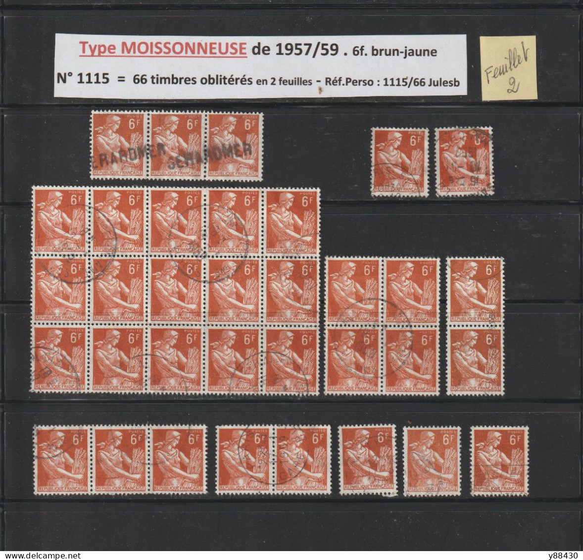 1115 De 1957/1959  - 66 Timbres Oblitérations Diverses - Type MOISSONNEUSE - 6f. Brun-jaune - 6 Scan - 1957-1959 Moissonneuse