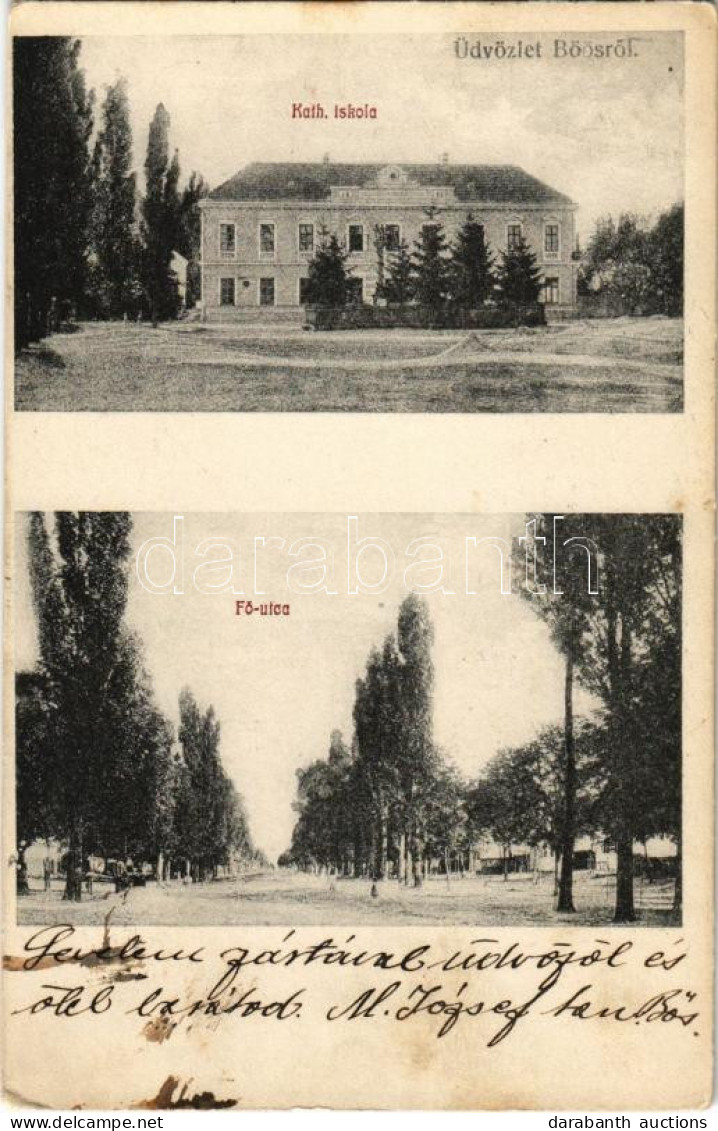 T2/T3 1909 Bős, Böős, Bes, Gabcikovo; Katolikus Iskola, Fő Utca. Strasser Dávid Kiadása / School, Main Street (fl) - Non Classés