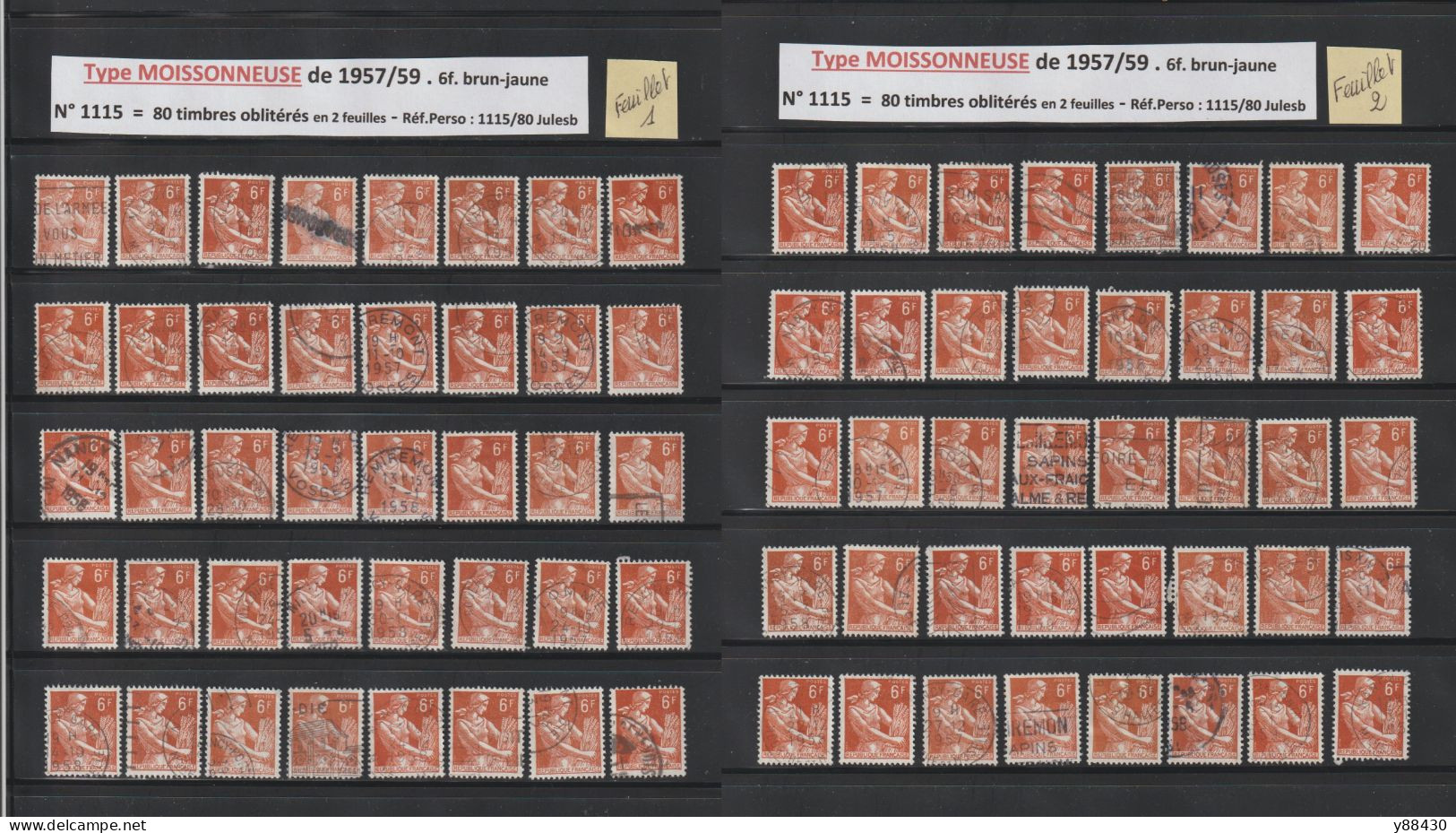 1115 De 1957/1959  - 80 Timbres Oblitérations Diverses - Type MOISSONNEUSE - 6f. Brun-jaune - 6 Scan - 1957-1959 Reaper