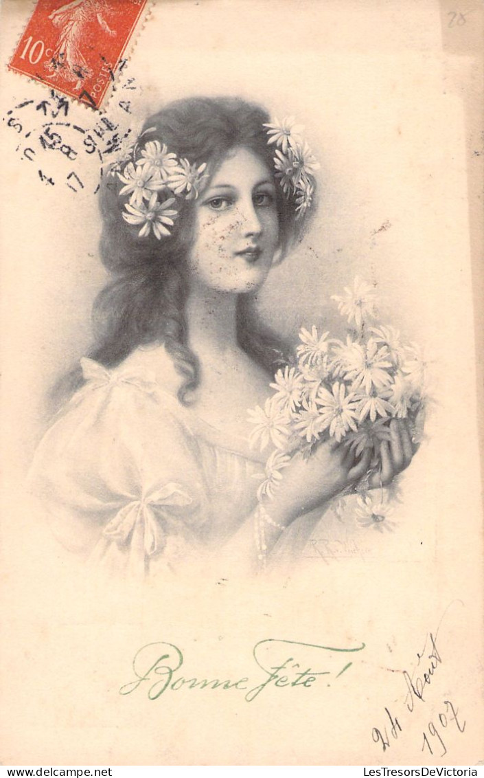 Illustrateur - Femme Avec Un Bouquet De Fleurs Et Fleurs Dans Les Cheveux - M M Vienne - Carte Postale Ancienne - Schubert