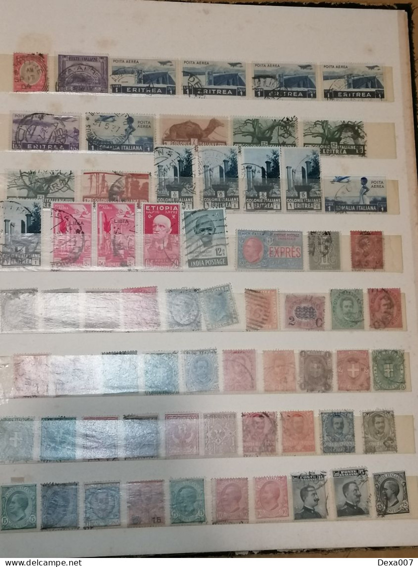 Ancient old album with old stamps Africa, Asia, Europe, America including Egypt, Palestine and colonies used and mint