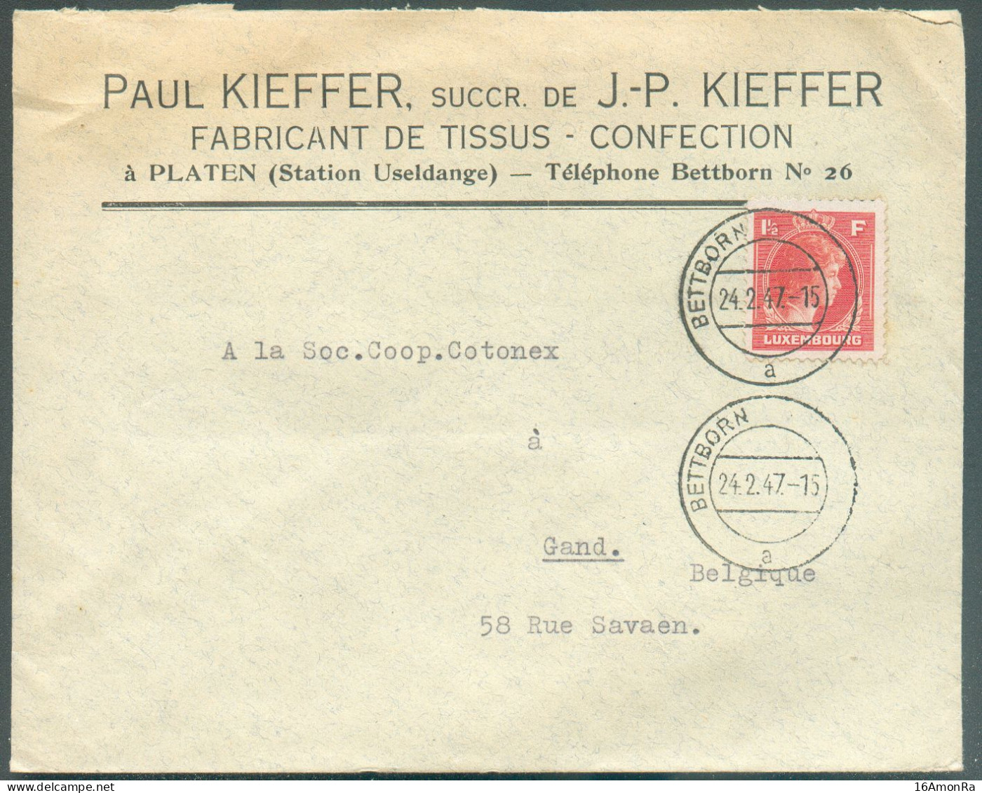 1Fr.50 JOSEPHINE-CHARLOTTE Obl. Dc BETTBORN (BETTEMBOURG) Sur Lettre à En-tête (P. KIEFFER Fabricant De Tissus Confectio - Briefe U. Dokumente