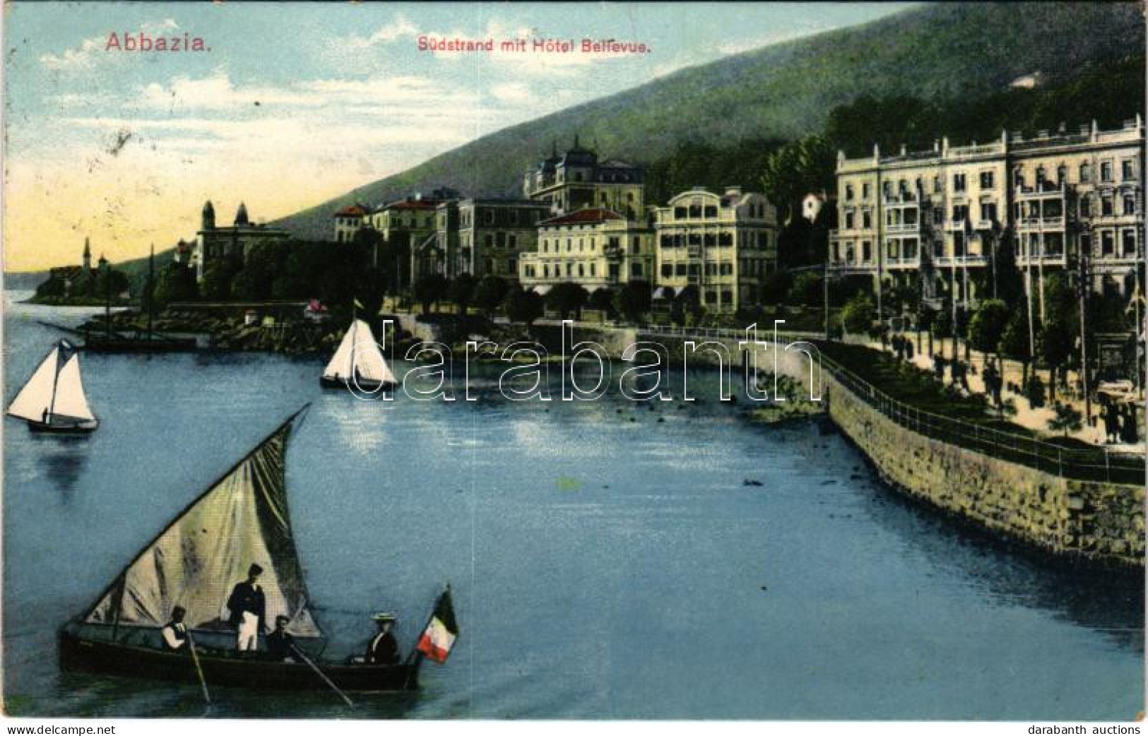 T2/T3 1910 Abbazia, Opatija; Südstrand Mit Hotel Bellevue / Hotel, Boat (EK) - Unclassified