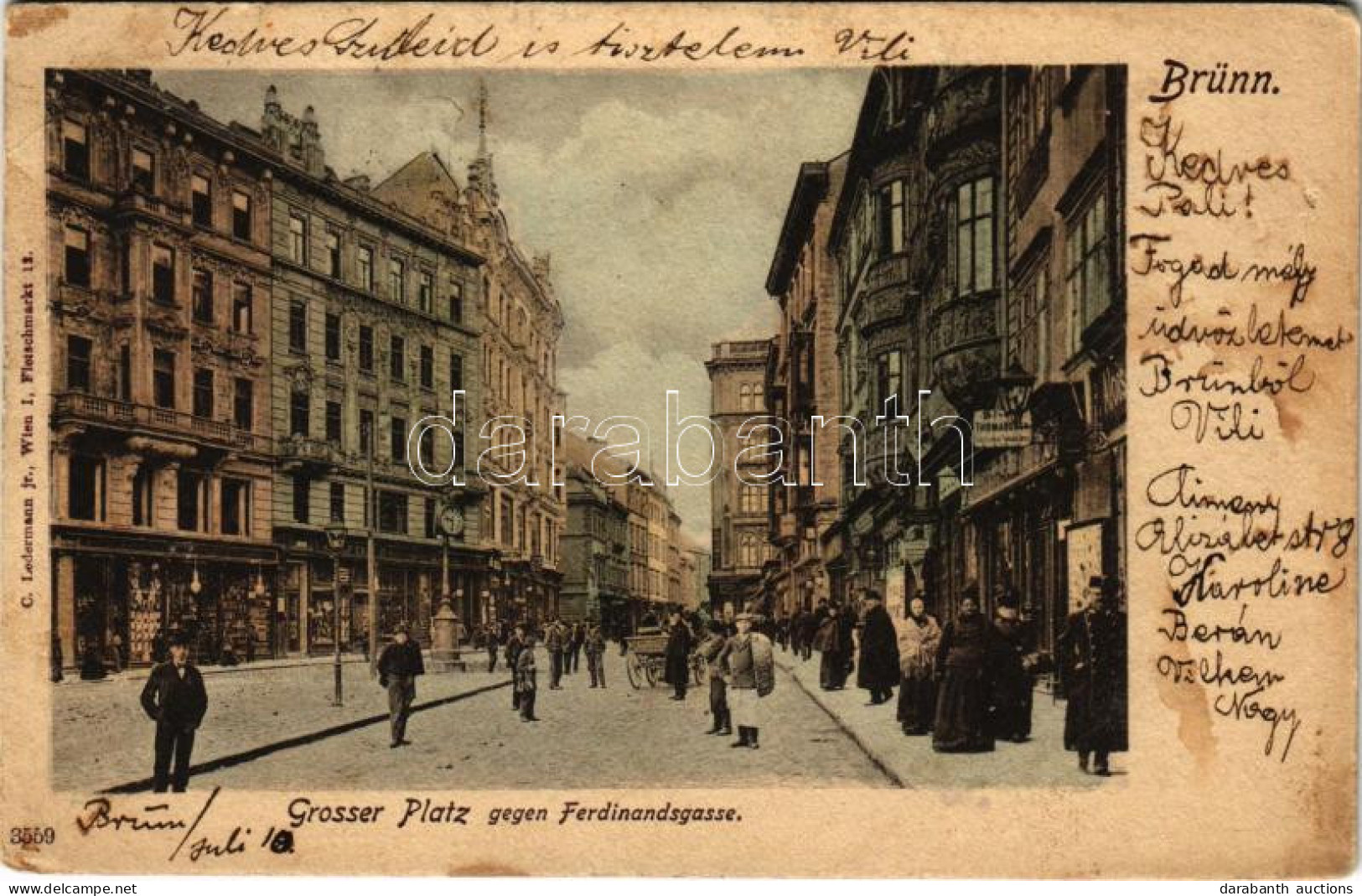 * T3 1905 Brno, Brünn; Grosser Platz Gegen Ferdinandsgasse / Square, Street View, Shops (EB) - Ohne Zuordnung