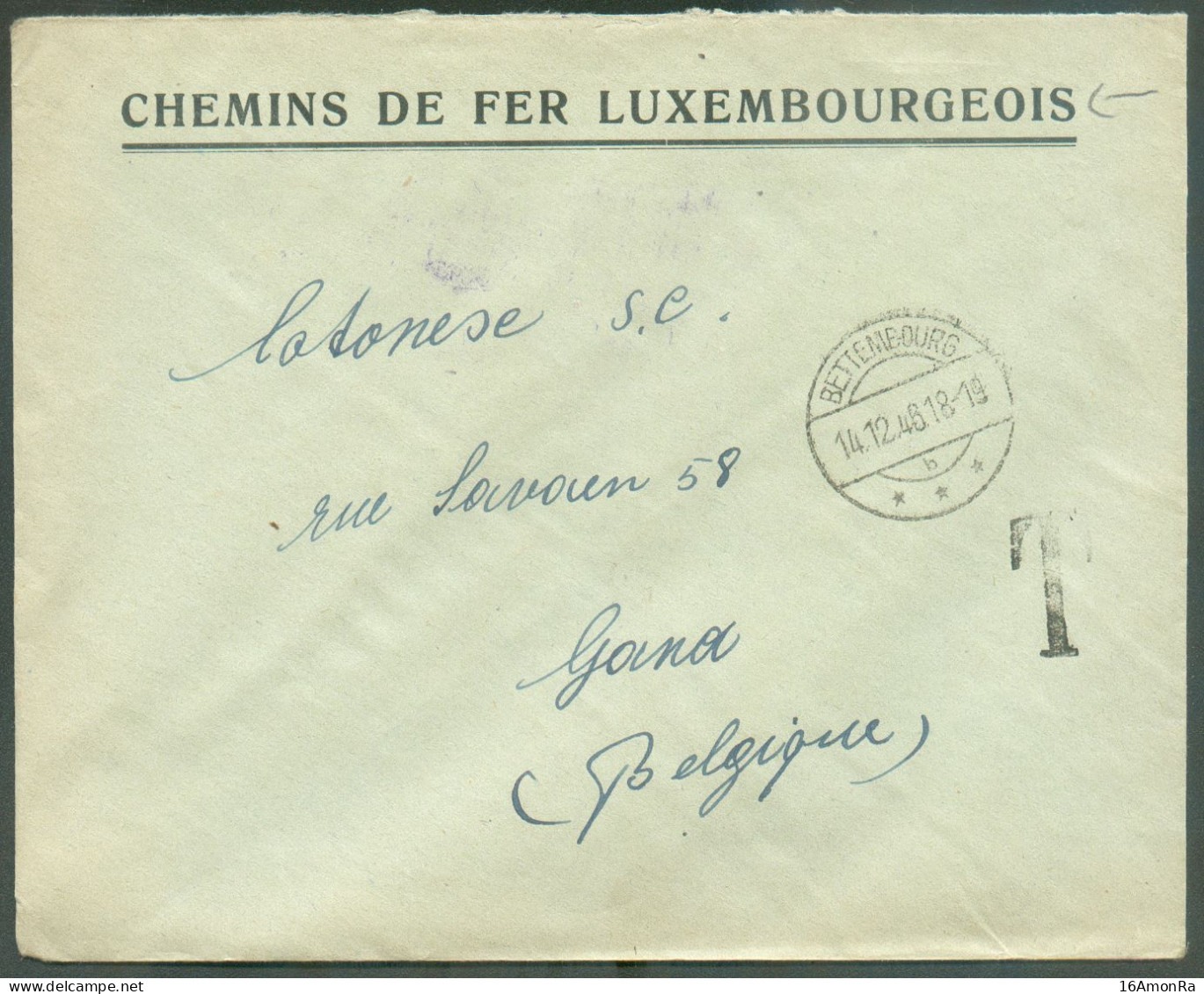 Lettre Envoyée Non Affranchie Des CHEMINS De FER LUXEMBOURGEOIS (franchise Non Valable Pour L'étranger) Obl. Dc BETTEMBO - Impuestos