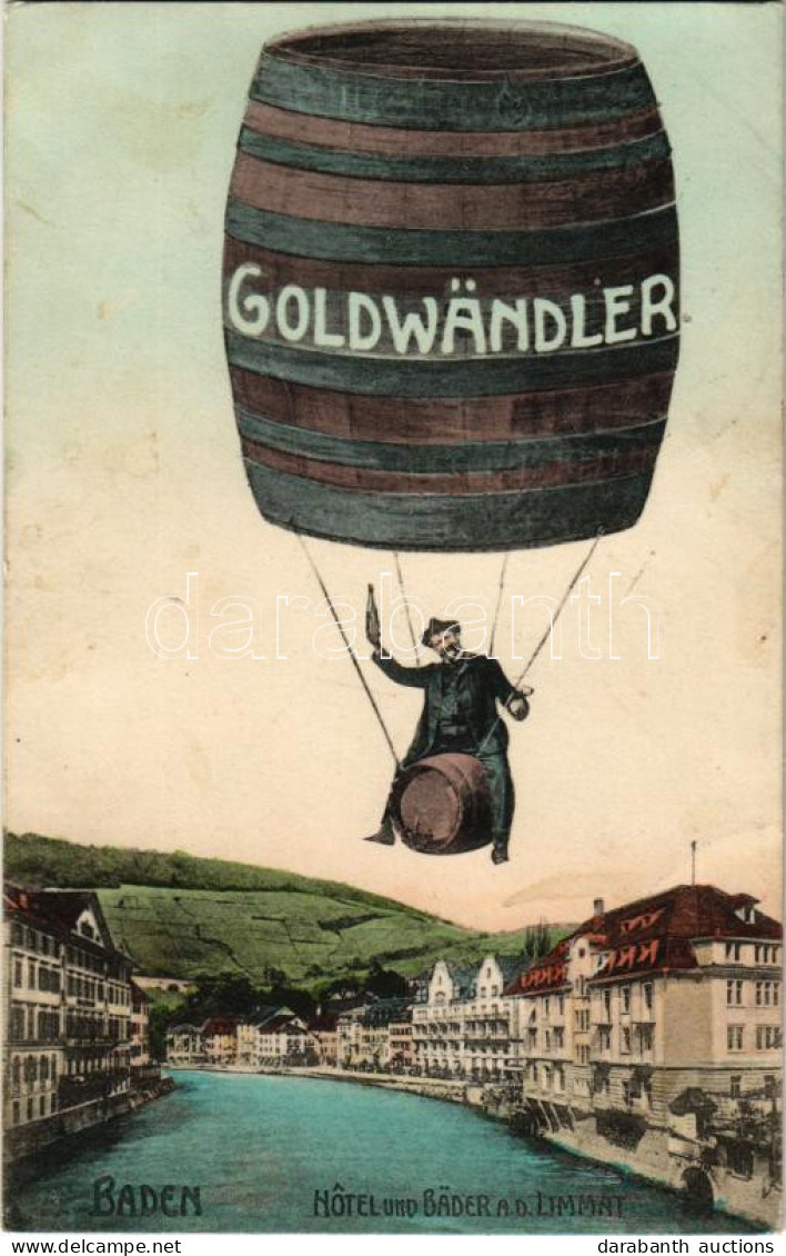 T2 1925 Baden, Goldwändler, Hotel Und Bäder A.d. Limmat. X. Höchli-Frey / Drunk Man In Hot Air Balloon With Wine Barrels - Ohne Zuordnung