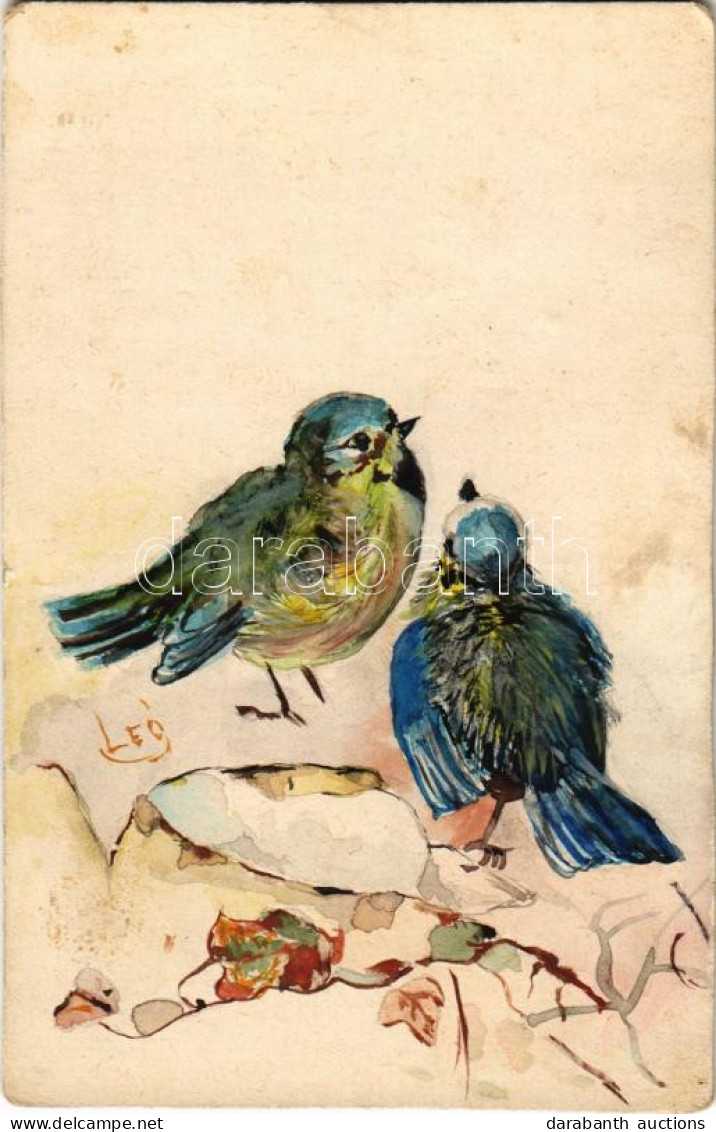 T4 1906 Cinegék. Kézzel Festett / Tit Birds - Hand Painted (12,5 X 8 Cm) (non PC) (vágott / Cut) - Unclassified