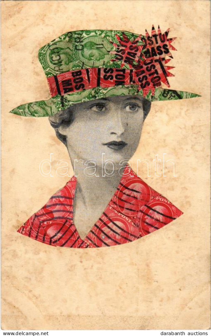 * T3 Bélyegekből Kivágott és összeragasztott Képeslap Kalapos Hölggyel / Stampcard With Lady In Hat. Made Out Of Stamps  - Non Classés