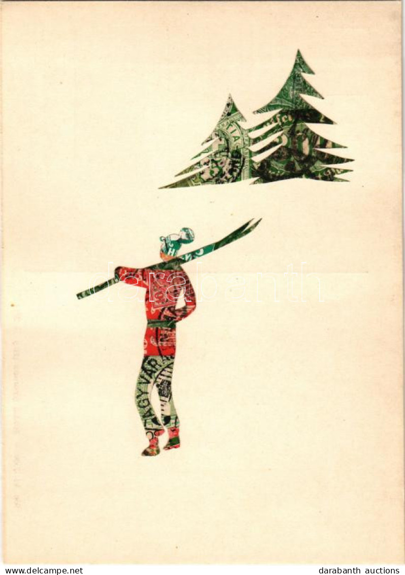 ** T2 Síelő. Bélyegekből Kivágott és összeragasztott Képeslap. Budai Nyomda / Skiing, Winter Sport. Made Out Of Stamps - Non Classificati