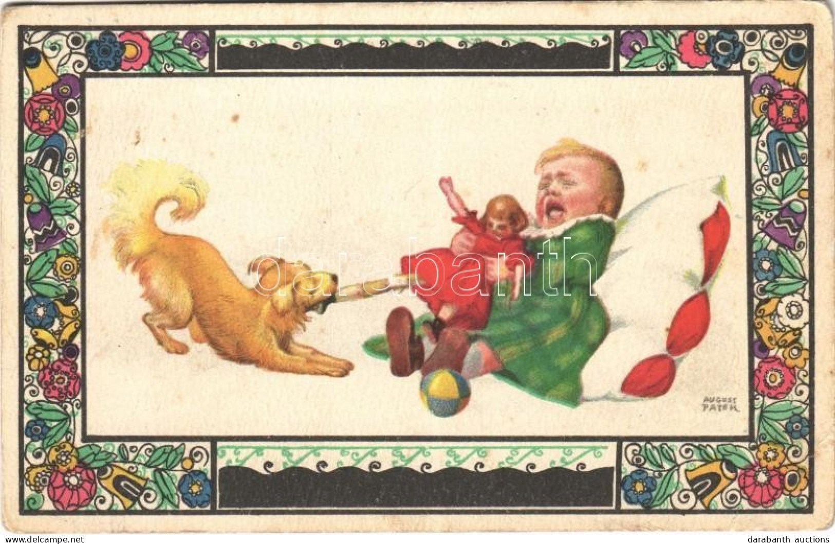 T3 1917 Crying Child With Dog And Toy. Children Art Postcard. B.K.W.I. 587-6. S: August Patek (EB) - Ohne Zuordnung