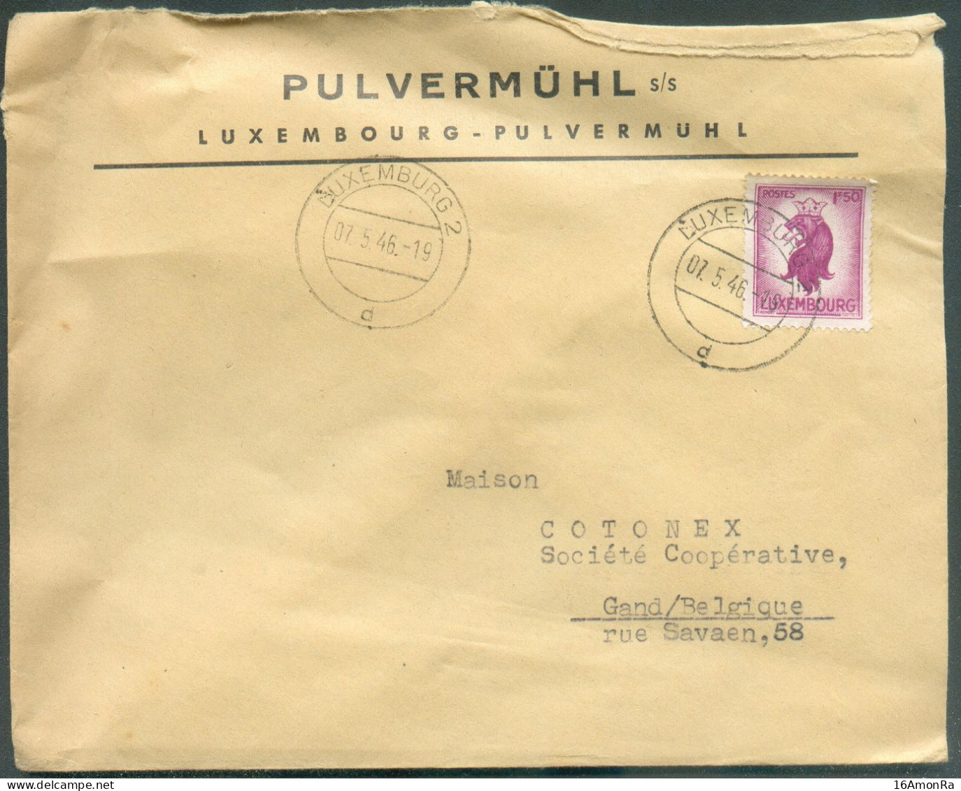 1Fr.50 Obl. Dc LUXEMBOURG Sur Lettre à En-tête (PULVERMÜHL) Le 7-5-1946 Vers Gand - 21903 - Brieven En Documenten
