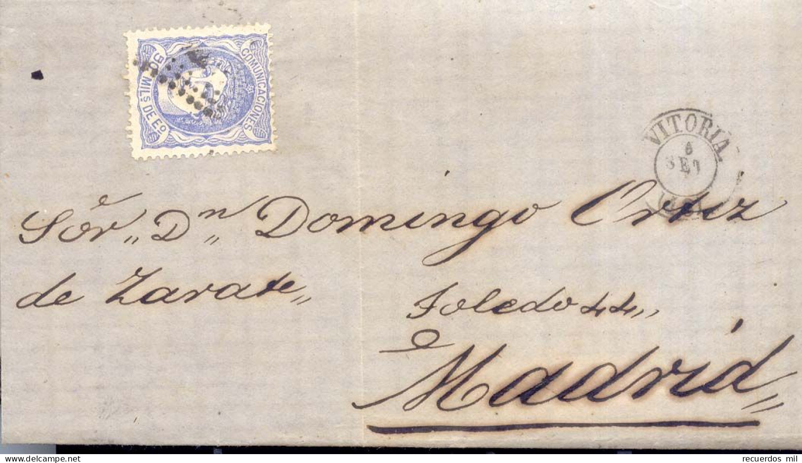 Año 1870 Edifil 107 Envuelta Matasellos Rombo Vitoria - Storia Postale