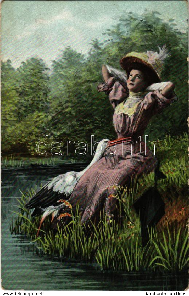 T2/T3 1909 Lady Art Postcard With Stork (EK) - Ohne Zuordnung