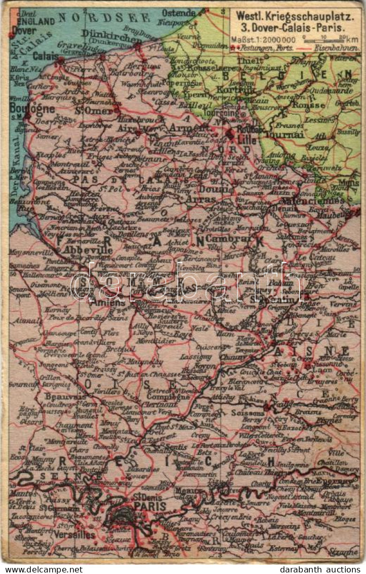 T3 1915 Westl. Kriegsschauplatz 3. Dover-Calais-Paris / WWI Military Map (EK) - Non Classificati