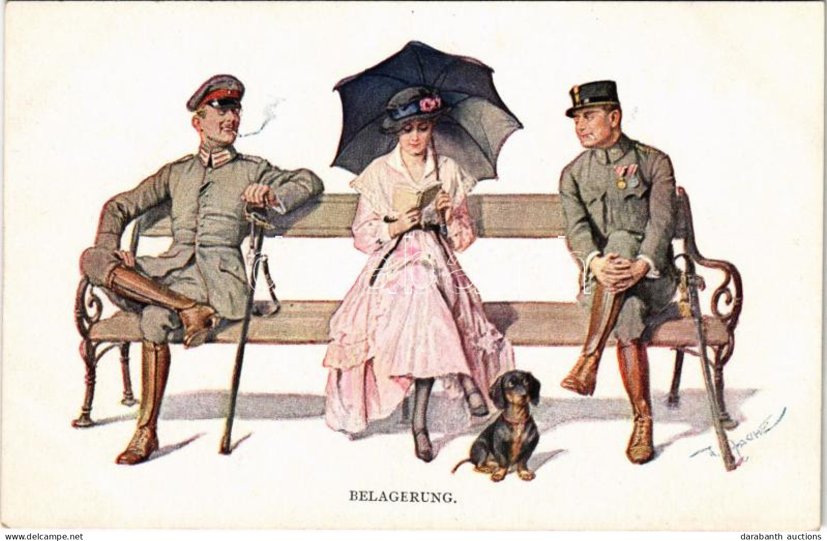 ** T2/T3 Belagerung / Lady With Dachshund Dog, Flirting German Military Officers. M. Munk Wien Nr. 1119. S: Zasche (raga - Sin Clasificación