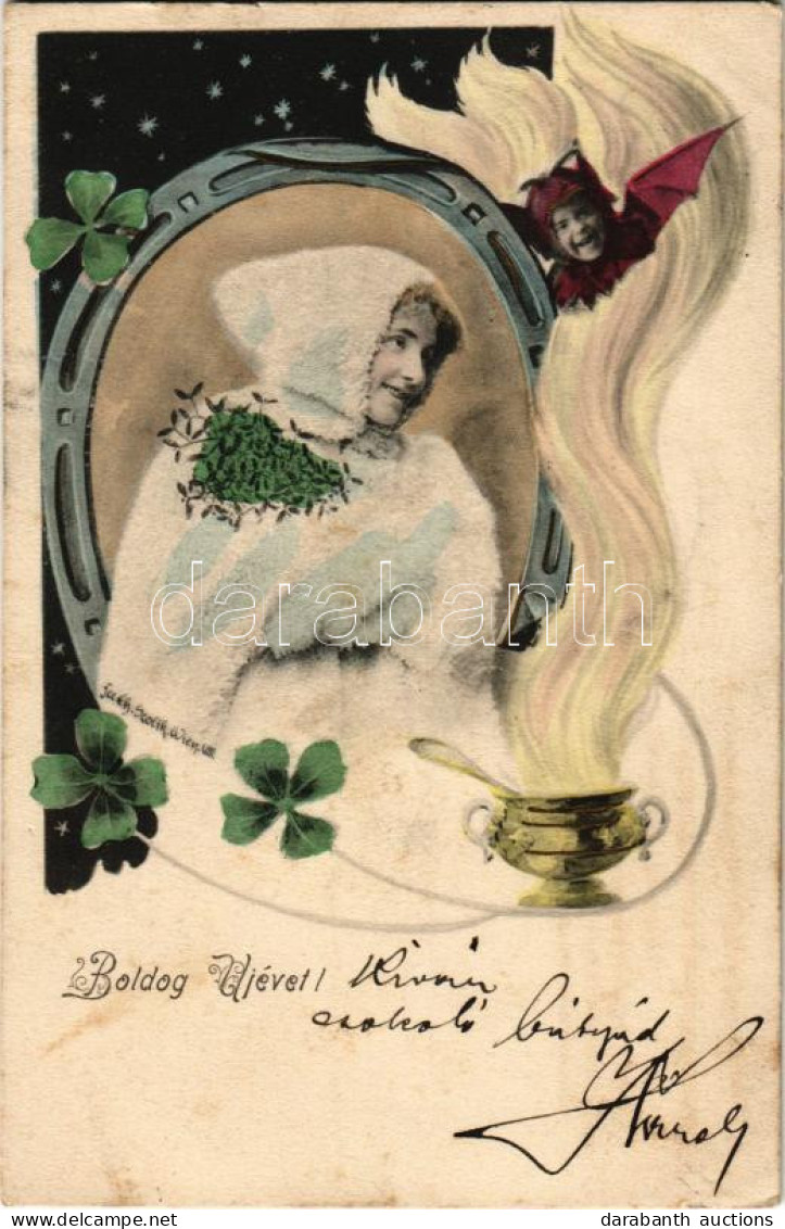 T2/T3 1902 Boldog új évet! Krampusz Gyerek / New Year Greeting, Krampus Child S: Ch. Scolik (EK) - Non Classificati