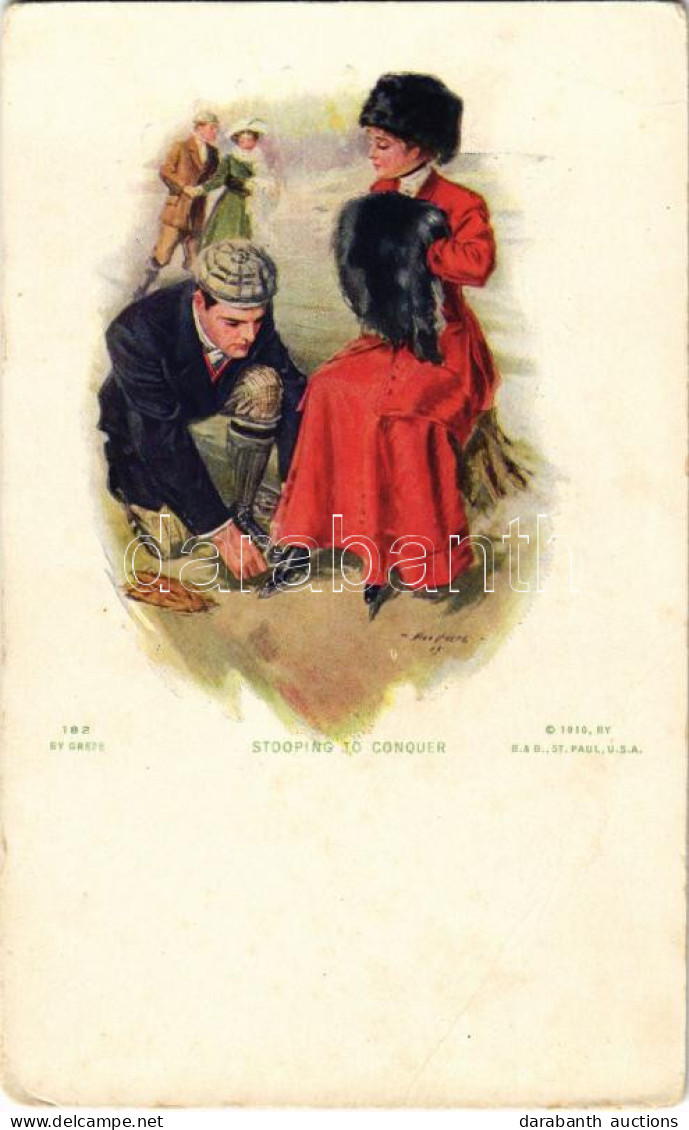 ** T3 Stooping To Conquer. Lady Art Postcard, Winter Sport, Ice Skate S: Grefe (EB) - Unclassified